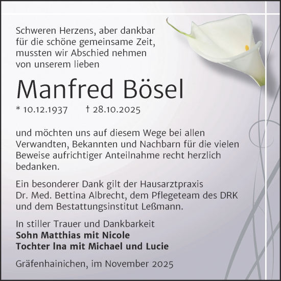 Traueranzeige von Manfred Bösel von Trauerkombi Wittenberg