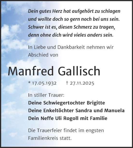 Traueranzeige von Manfred Gallisch von Trauerkombi Bitterfeld