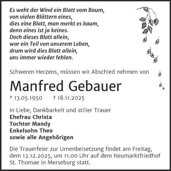 Traueranzeige von Manfred Gebauer von Trauerkombi Merseburg