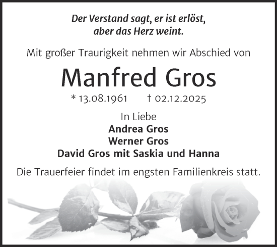 Traueranzeige von Manfred Gros von Mitteldeutsche Zeitung Halle/Saalkreis