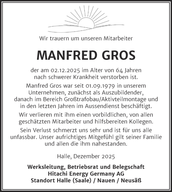 Traueranzeige von Manfred Gros von Mitteldeutsche Zeitung Halle/Saalkreis