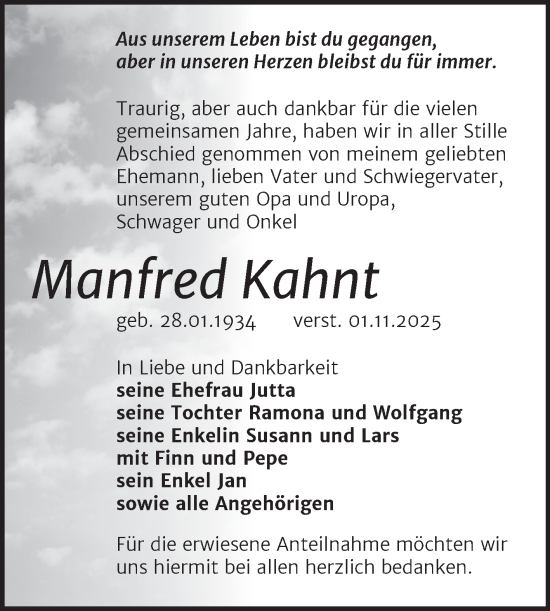 Traueranzeige von Manfred Kahnt von Super Sonntag Zeitz