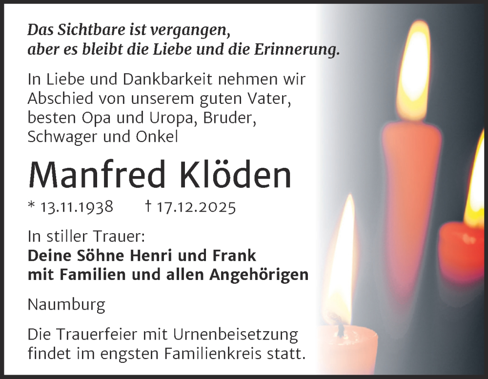  Traueranzeige für Manfred Klöden vom 27.12.2025 aus Naumburger Tageblatt