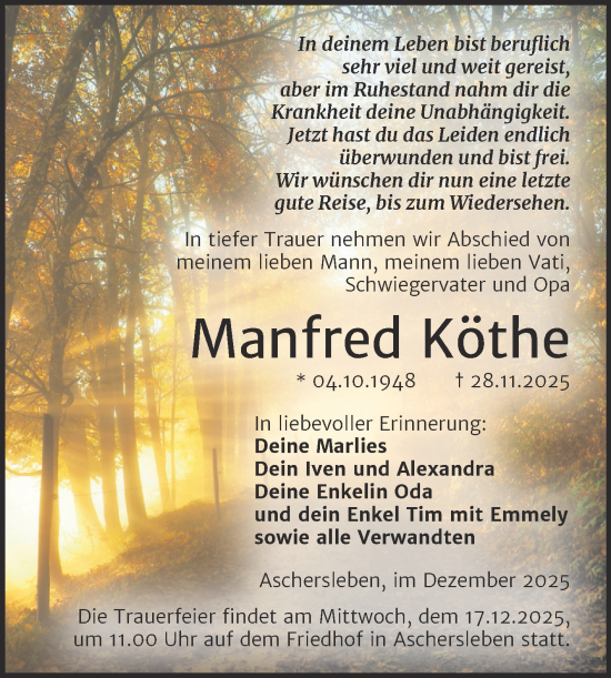 Traueranzeige von Manfred Köthe von Trauerkombi Aschersleben
