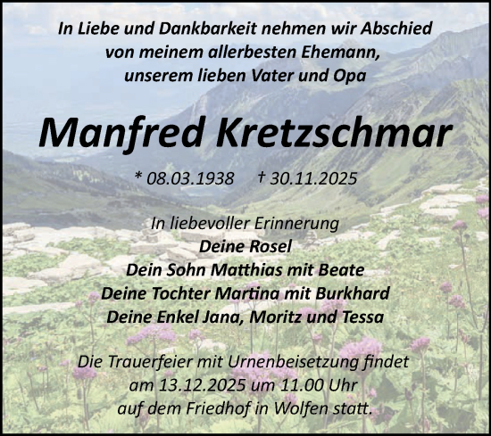 Traueranzeige von Manfred Kretzschmar von Trauerkombi Bitterfeld