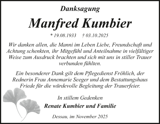Traueranzeige von Manfred Kumbier von Trauerkombi Dessau