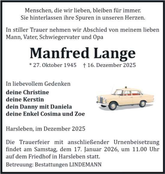 Traueranzeige von Manfred Lange von Volksstimme Halberstadt