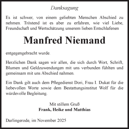 Traueranzeige von Manfred Niemand von Volksstimme Wernigerode