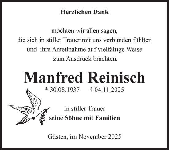 Traueranzeige von Manfred Reinisch von Volksstimme Staßfurt