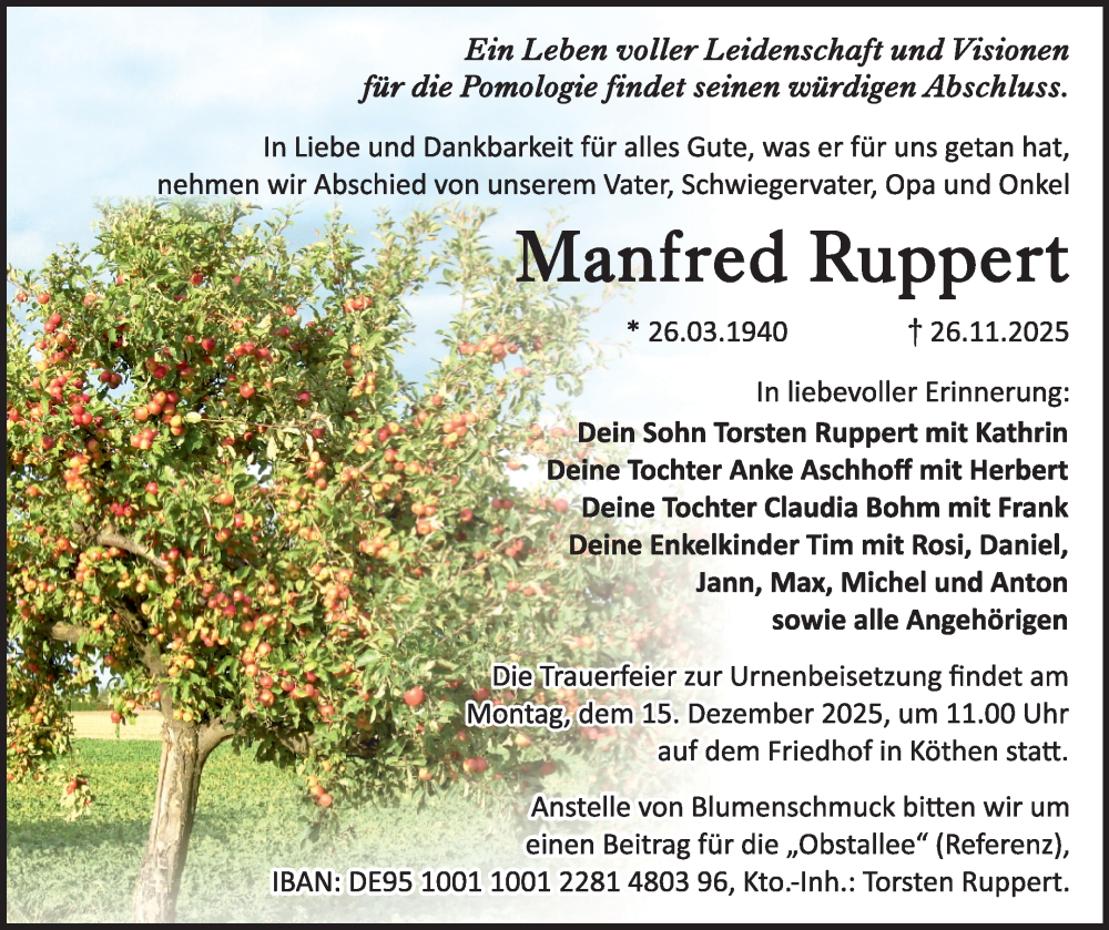  Traueranzeige für Manfred Ruppert vom 06.12.2025 aus Trauerkombi Köthen