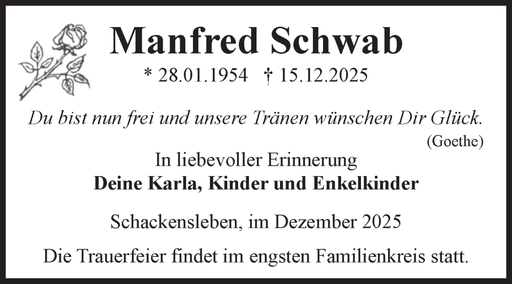  Traueranzeige für Manfred Schwab vom 20.12.2025 aus Volksstimme Haldensleben/Wolmirstedt