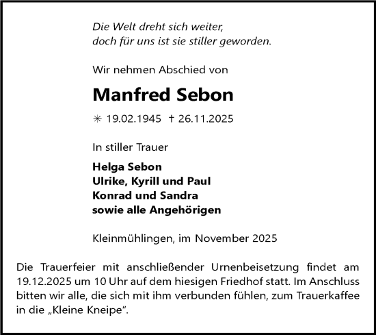 Traueranzeige von Manfred Sebon von Volksstimme Schönebeck