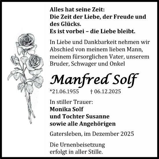 Traueranzeige von Manfred Solf von Trauerkombi Aschersleben