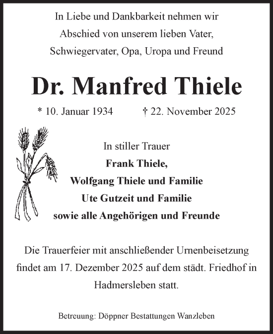 Traueranzeige von Manfred Thiele von Volksstimme Oschersleben/Wanzleben