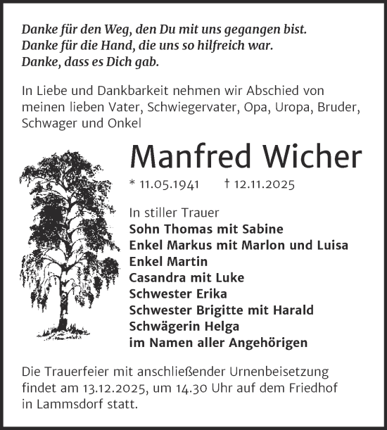 Traueranzeige von Manfred Wicher von Trauerkombi Wittenberg