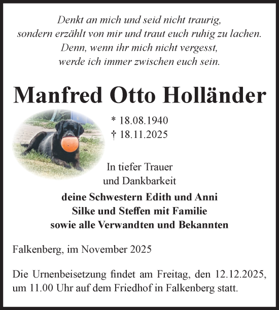 Traueranzeige von Manfred Otto Holländer von Volksstimme Altmark Ost