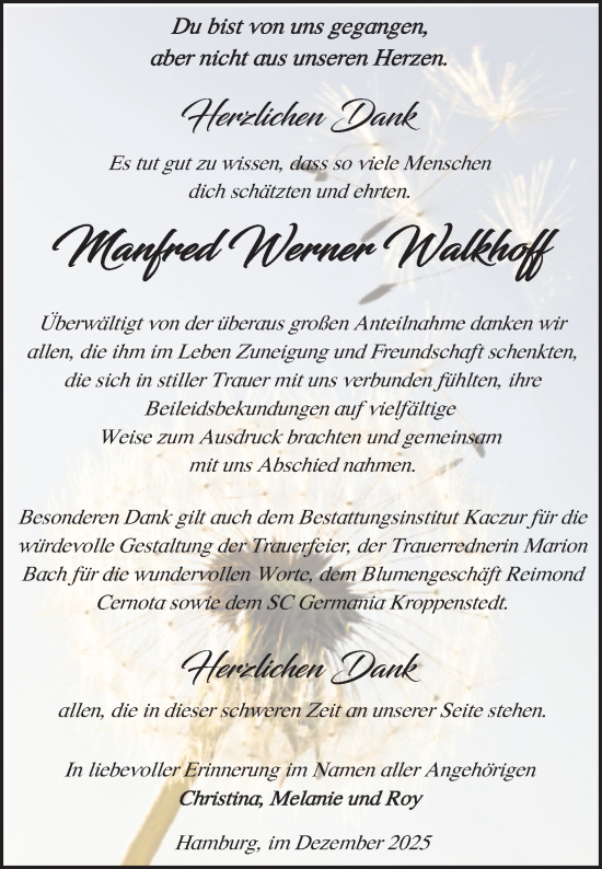 Traueranzeige von Manfred Werner Walkhoff von Volksstimme Oschersleben/Wanzleben