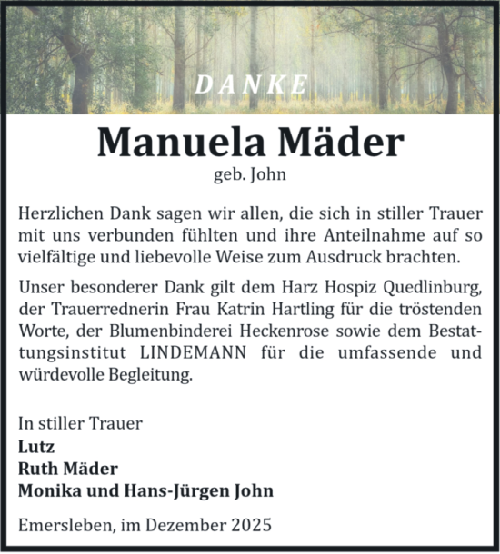 Traueranzeige von Manuela Mäder von Volksstimme Halberstadt