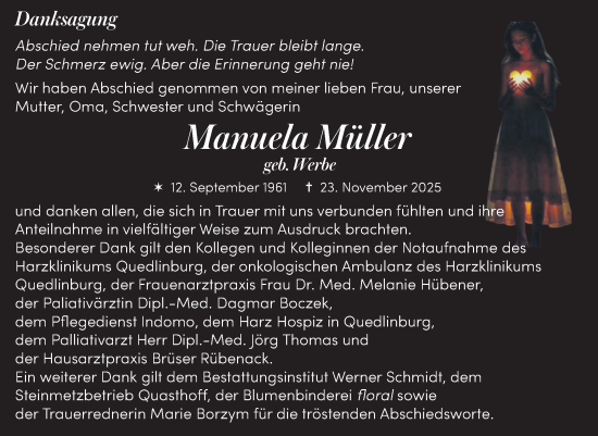 Traueranzeige von Manuela Müller von Trauerkombi Quedlinburg