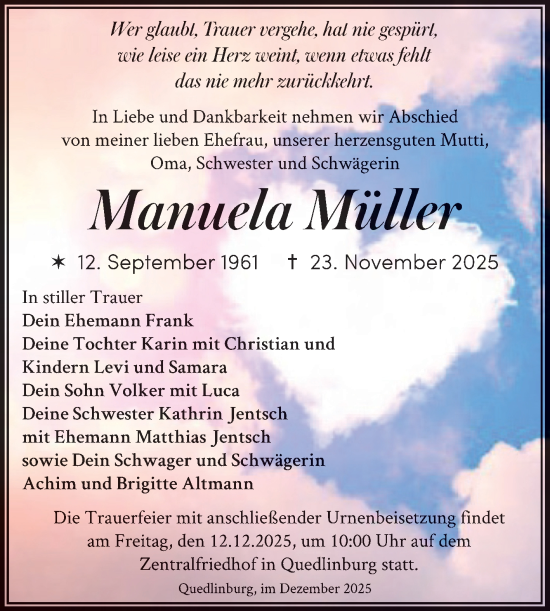 Traueranzeige von Manuela Müller von Trauerkombi Quedlinburg