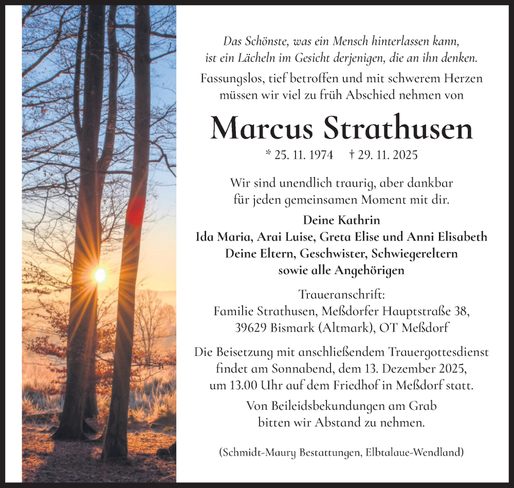  Traueranzeige für Marcus Strathusen vom 06.12.2025 aus Volksstimme Altmark Ost