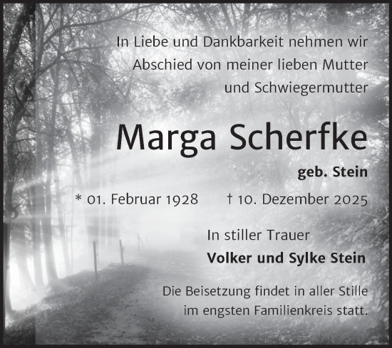 Traueranzeige von Marga Scherfke von Trauerkombi Dessau