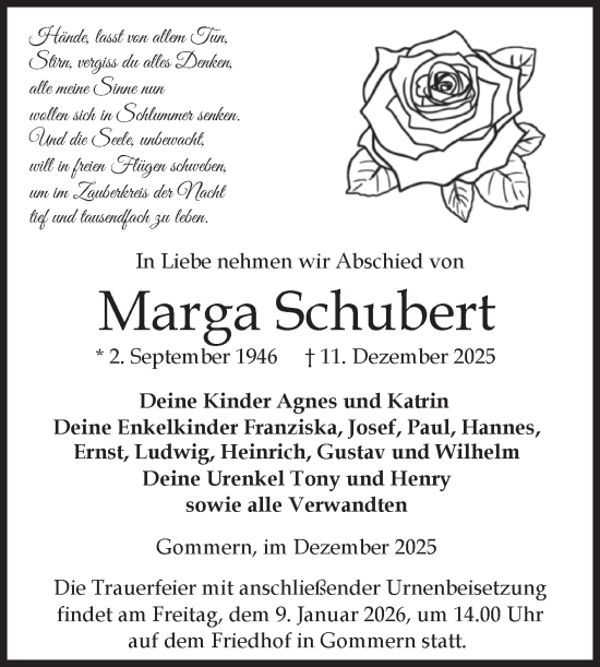 Traueranzeige von Marga Schubert von Volksstimme Burg/Genthin