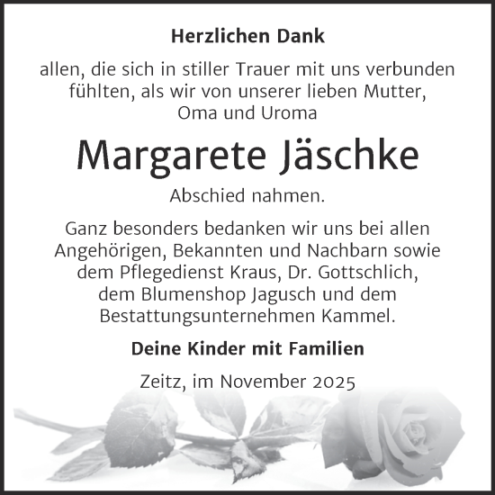 Traueranzeige von Margarete Jäschke von Super Sonntag Zeitz