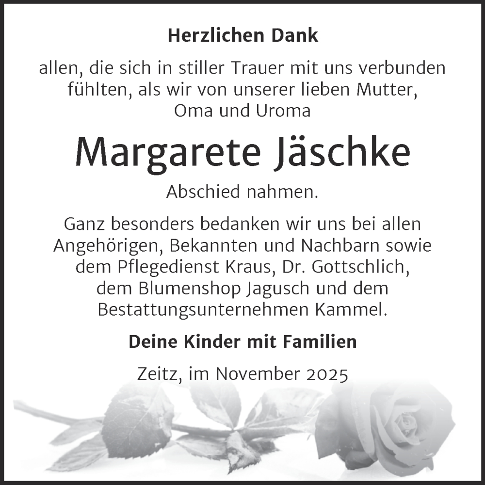  Traueranzeige für Margarete Jäschke vom 06.12.2025 aus Super Sonntag Zeitz