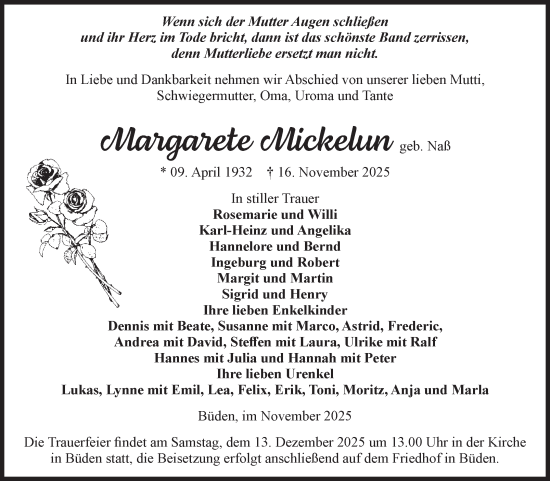 Traueranzeige von Margarete Mickelun von Volksstimme Burg/Genthin