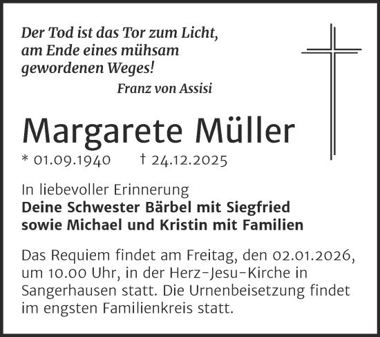 Traueranzeige von Margarete Müller von Mitteldeutsche Zeitung Sangerhausen