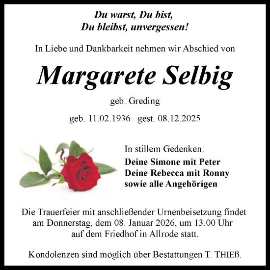 Traueranzeige von Margarete Selbig von Trauerkombi Quedlinburg