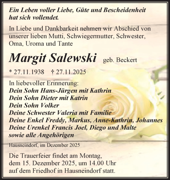 Traueranzeige von Margit Salewski von Trauerkombi Quedlinburg