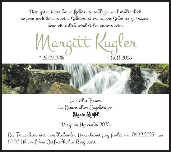 Traueranzeige von Margitt Kugler von Volksstimme Burg/Genthin