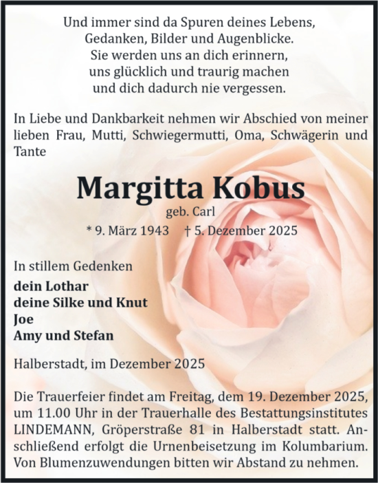 Traueranzeige von Margitta Kobus von Volksstimme Halberstadt