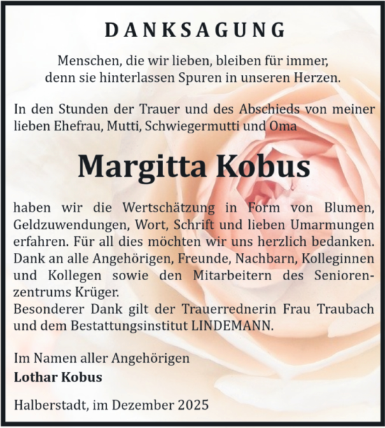 Traueranzeige von Margitta Kobus von Volksstimme Halberstadt