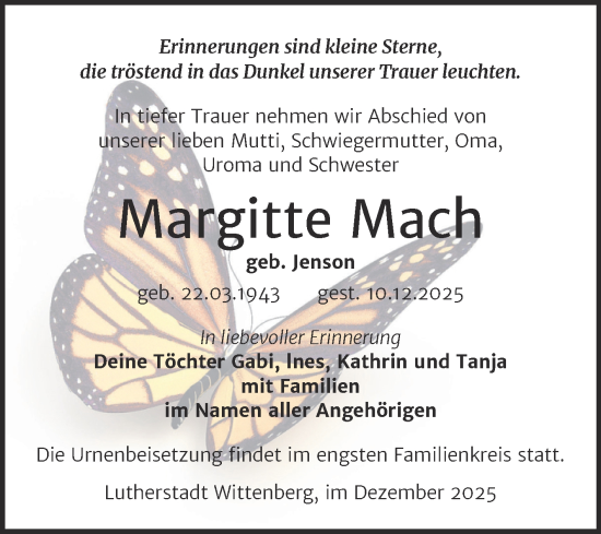 Traueranzeige von Margitte Mach von Trauerkombi Wittenberg
