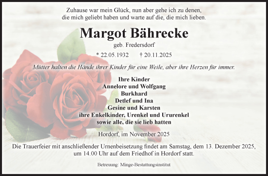 Traueranzeige von Margot Bährecke von Volksstimme Oschersleben/Wanzleben
