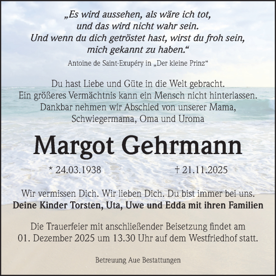 Traueranzeige von Margot Gehrmann von Volksstimme Magdeburg