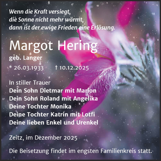 Traueranzeige von Margot Hering von Trauerkombi Zeitz