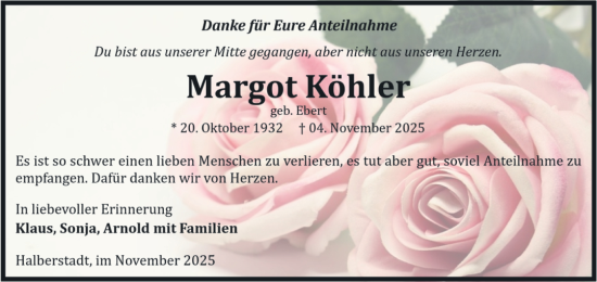 Traueranzeige von Margot Köhler von Volksstimme Halberstadt