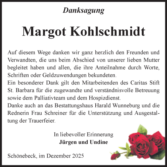 Traueranzeige von Margot Kohlschmidt von Volksstimme Schönebeck
