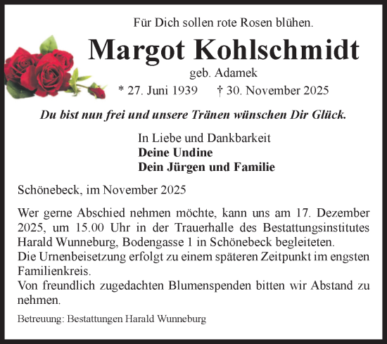 Traueranzeige von Margot Kohlschmidt von Volksstimme Schönebeck