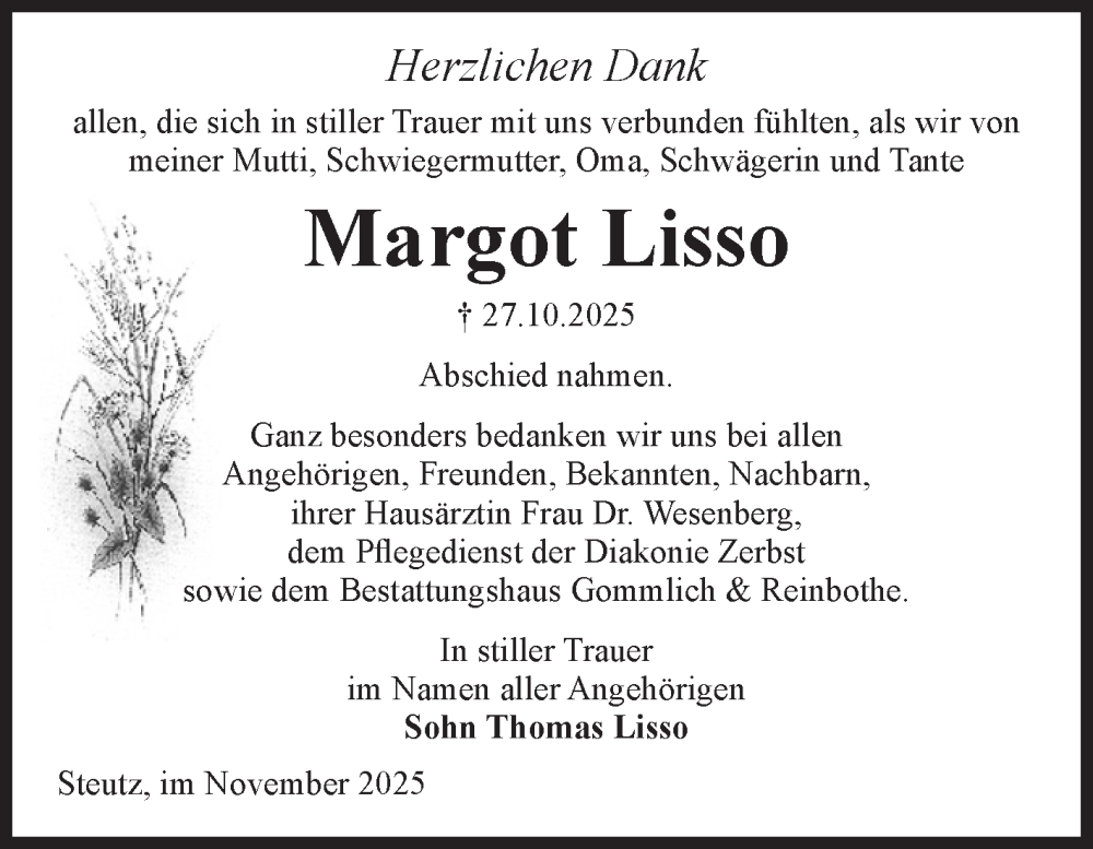  Traueranzeige für Margot Lisso vom 29.11.2025 aus Volksstimme Zerbst