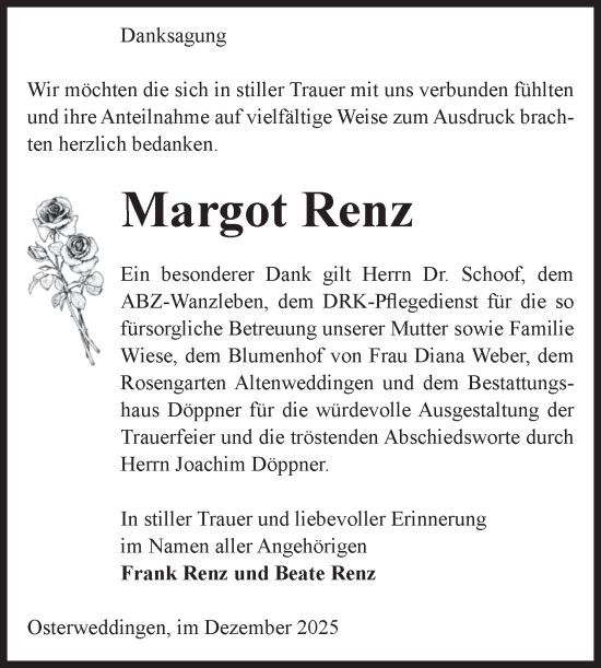 Traueranzeige von Margot Renz von Volksstimme Oschersleben/Wanzleben