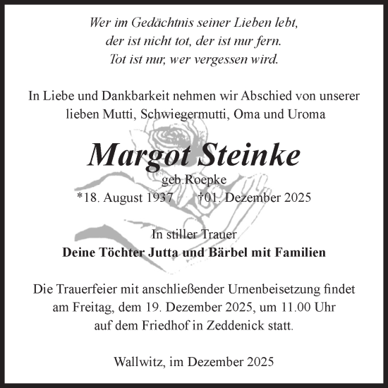 Traueranzeige von Margot Steinke von Volksstimme Burg/Genthin
