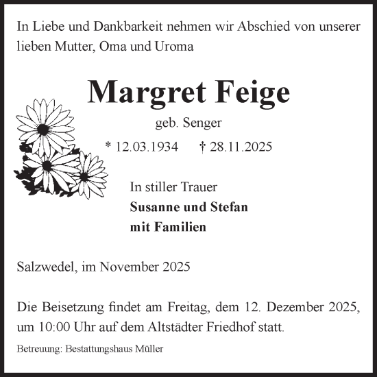 Traueranzeige von Margret Feige von Volksstimme Altmark West