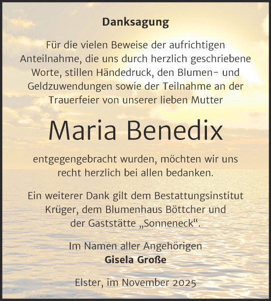 Traueranzeige von Maria Benedix von Trauerkombi Wittenberg