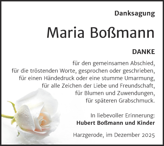 Traueranzeige von Maria Boßmann von Trauerkombi Aschersleben
