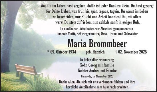 Traueranzeige von Maria Brommbeer von Trauerkombi Quedlinburg